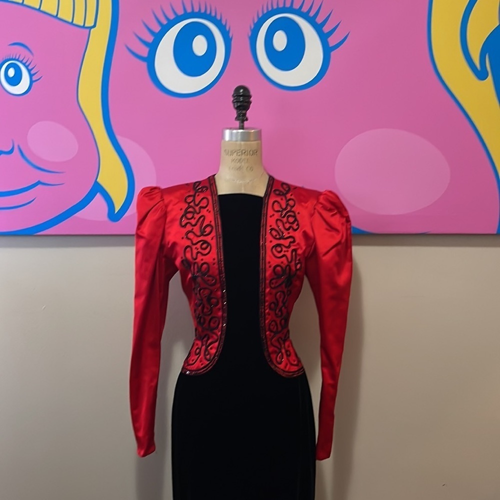 Givenchy Red Silk Black Sequin Velvet Matador Gown 1980s - Picture 1 of 16